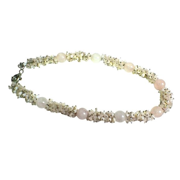 Vintage Rose Quartz & Quartz Crystal Beaded Necklace with Freshwater Pearl - Picture 5 of 7